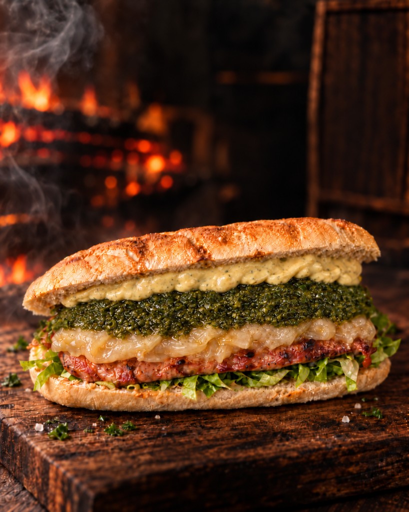 Choripán Especial con cebolla caramelizada, queso suizo, chimichurri y salsa criolla
