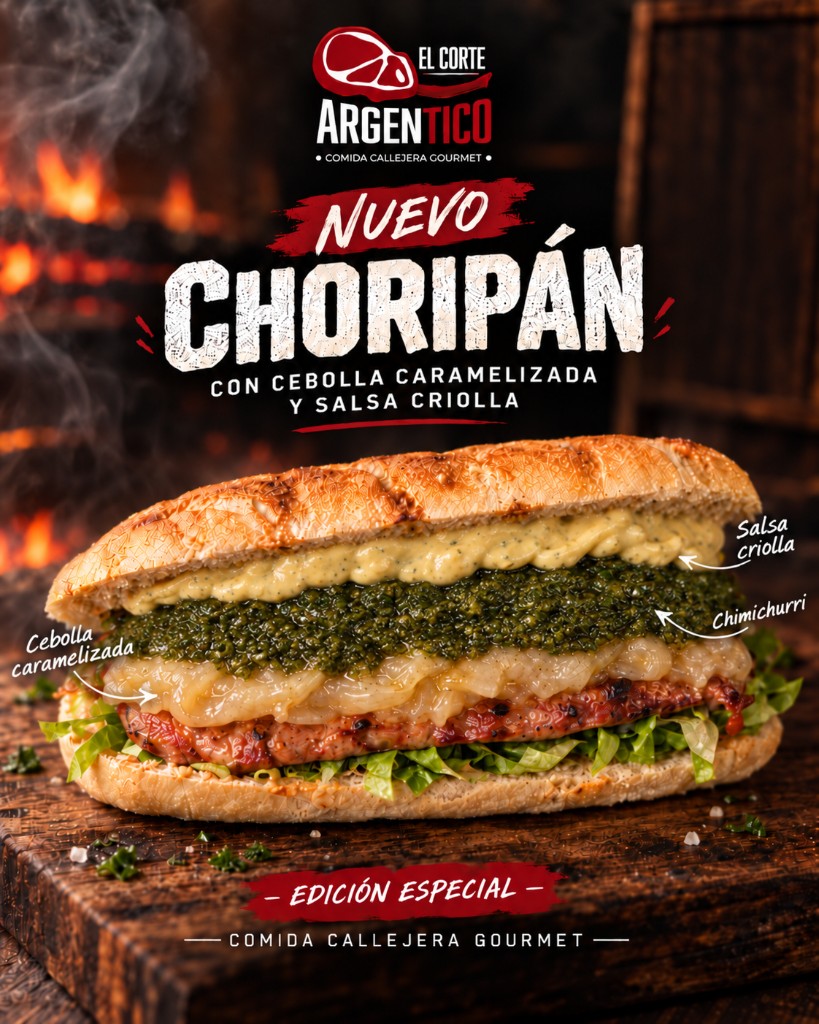 Promoción del nuevo choripán con etiquetas de ingredientes