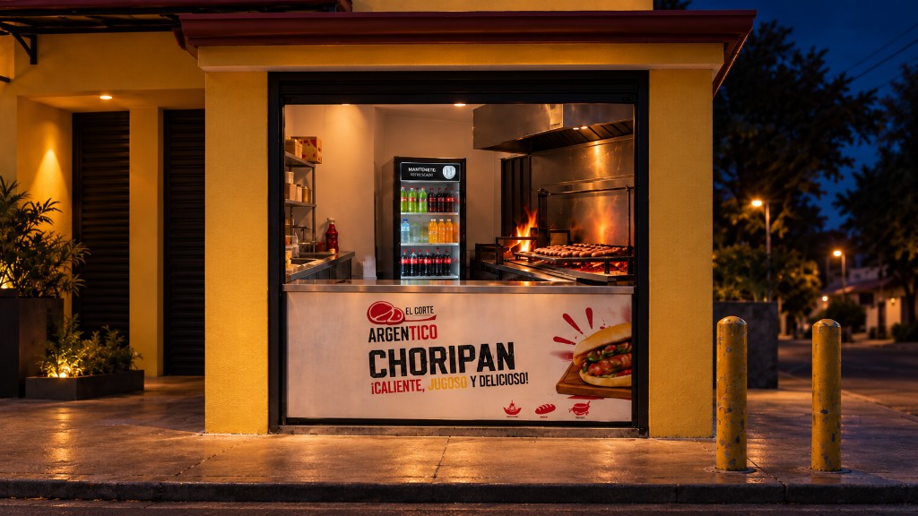 Local de El Corte ArgenTico de noche, con parrilla y choripanes a la brasa