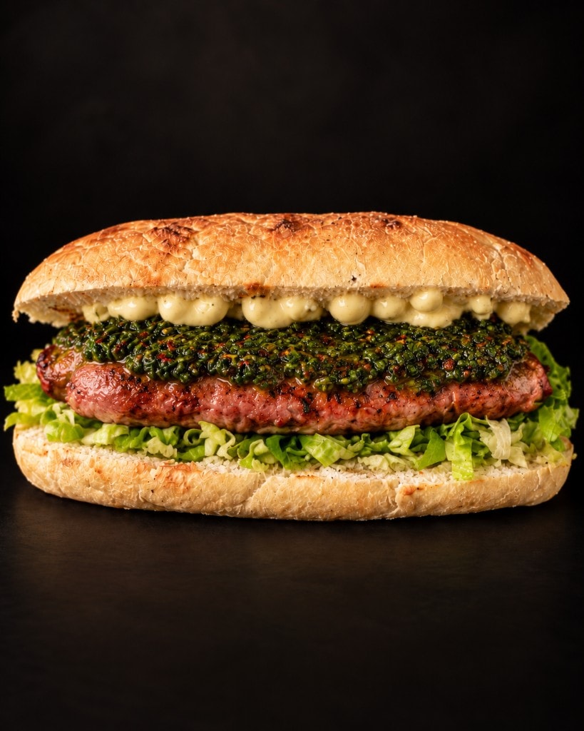 Choripán completo con chimichurri, lechuga y salsa